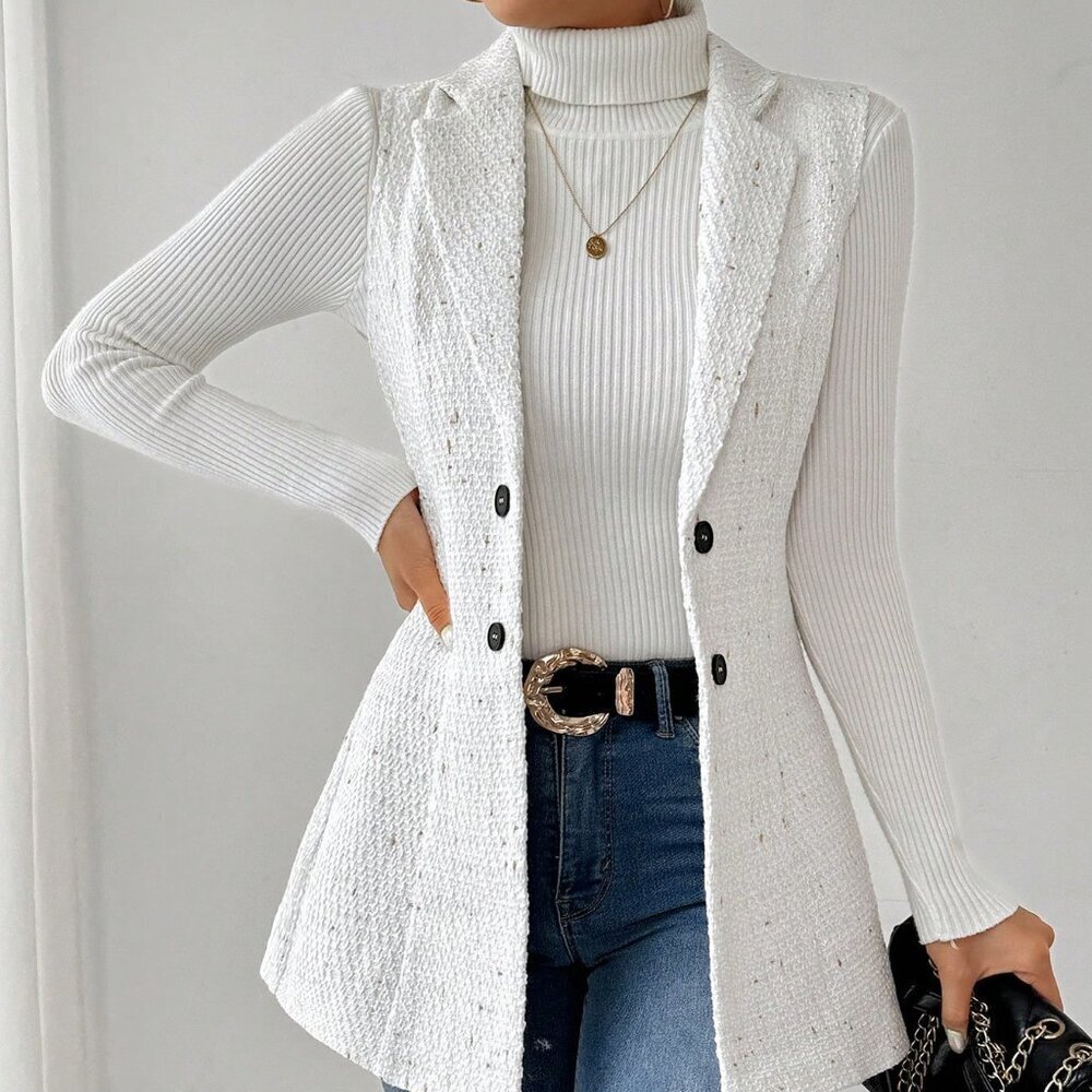 White Elegant Women's Dotted Collar Sleeveless Tweed Jacket